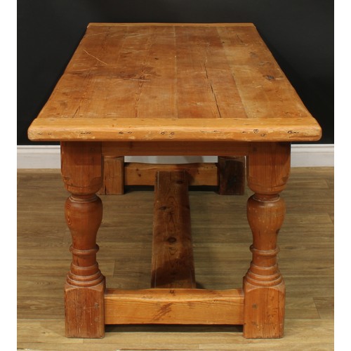 992 - A 19th century pine refectory dining table, rectangular top, turned supports, H-stretcher, 77cm high... 