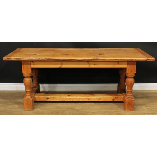 992 - A 19th century pine refectory dining table, rectangular top, turned supports, H-stretcher, 77cm high... 