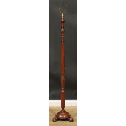 1173 - A George III Revival mahogany floor lamp, fluted column carved with acanthus and ears of wheat, ball... 