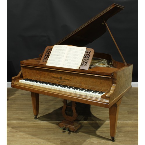 839 - A 19th century walnut baby grand piano, Hagspiel & Comp., Hof-Lieferanten, Dresden., simulated ivory... 