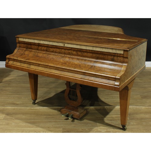 839 - A 19th century walnut baby grand piano, Hagspiel & Comp., Hof-Lieferanten, Dresden., simulated ivory... 