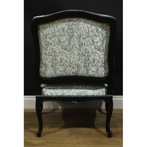 1401 - A pair of Louis XV Revival ebonised fauteuils, each with stuffed-over upholstery, shaped arms carved... 