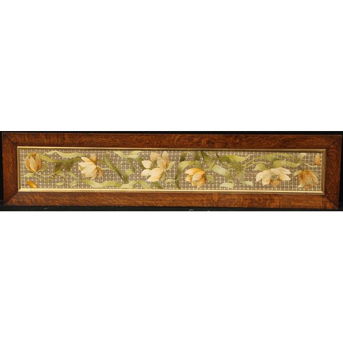 861 - An Arts and Crafts needlework over-door panel, worked in autumnal tones with flowers and Art Nouveau... 