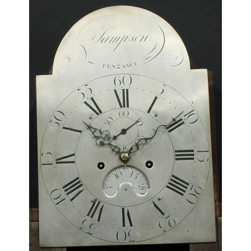 1298 - A George III oak longcase clock, 30cm arched silvered dial inscribed Sampson, Penzance, Roman and su... 