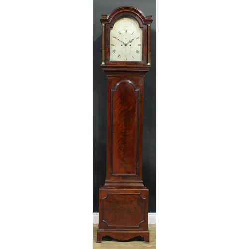 1085 - A George III mahogany longcase clock, 31cm arched silvered dial inscribed P Vigne, Bath, Roman numer... 