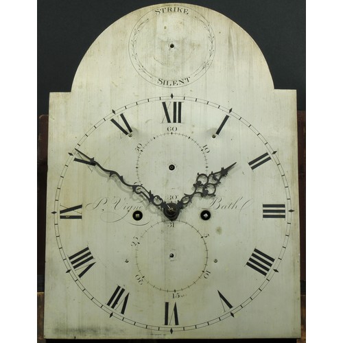 1085 - A George III mahogany longcase clock, 31cm arched silvered dial inscribed P Vigne, Bath, Roman numer... 