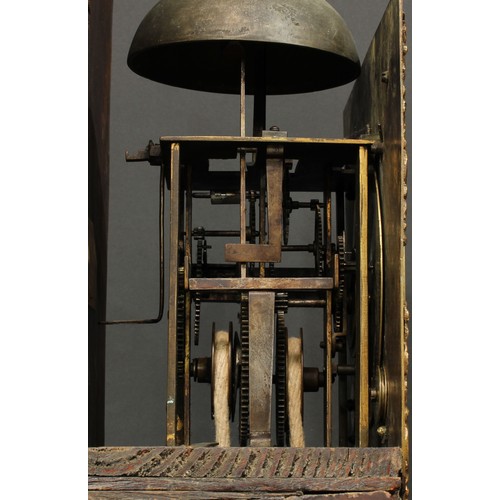 1635 - A mid-18th century oak longcase clock, 28cm square brass dial inscribed Jno Huggin, Ashwellthorpe, R... 