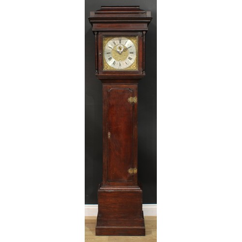 1300 - A George III oak longcase clock, 31cm square brass dial inscribed R Ridley, Leigh, silvered chapter ... 