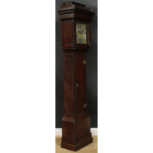 1300 - A George III oak longcase clock, 31cm square brass dial inscribed R Ridley, Leigh, silvered chapter ... 