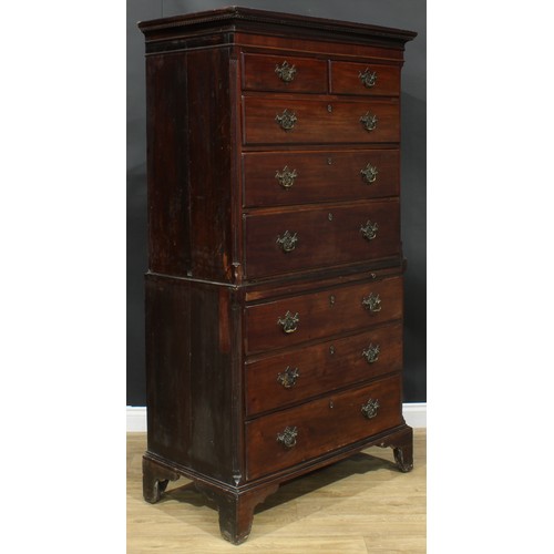 1107 - A George III mahogany chest on chest, dentil cornice above two short and three long graduated drawer... 