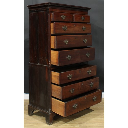 1107 - A George III mahogany chest on chest, dentil cornice above two short and three long graduated drawer... 