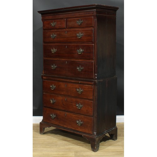 1107 - A George III mahogany chest on chest, dentil cornice above two short and three long graduated drawer... 