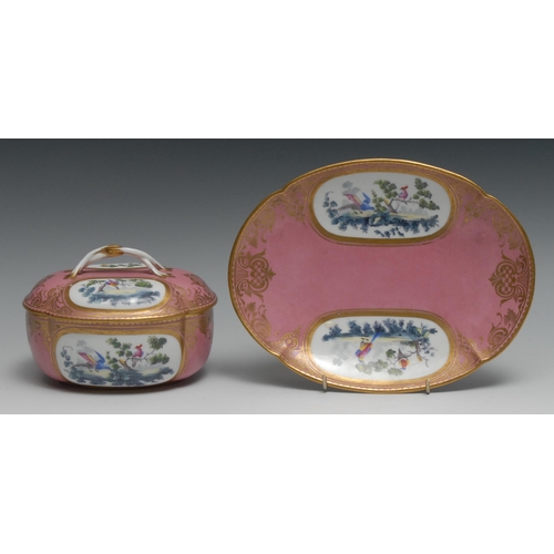 515 - A 19th century Paris porcelain tureen,  cover and stand,  painted with birds in gilt cartouche on a ... 