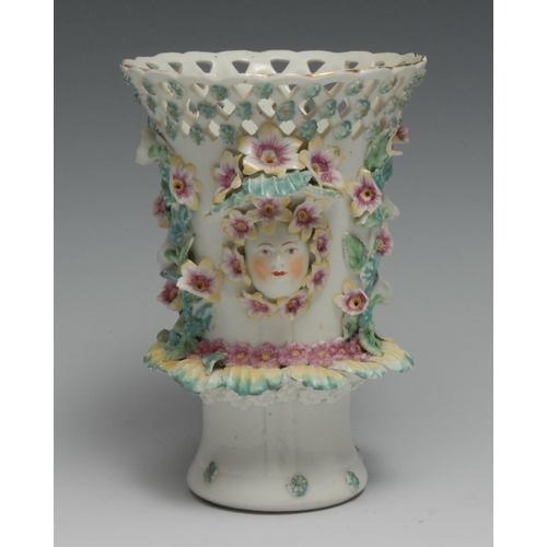 476 - A Derby flared cylindrical frilled  pot pourri vase, modelled with a pair of masks and profusely orn... 