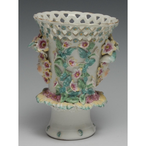 476 - A Derby flared cylindrical frilled  pot pourri vase, modelled with a pair of masks and profusely orn... 