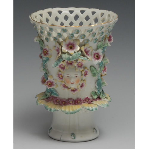 476 - A Derby flared cylindrical frilled  pot pourri vase, modelled with a pair of masks and profusely orn... 