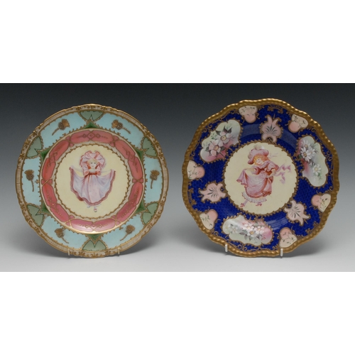 475 - A Derby  shaped circular plate,  painted with a girl wearing a pink dress surrounded by cartouches o... 