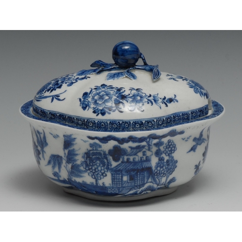 479 - A Derby quartrefoil shaped tureen and cover,  painted blue with flowers, huts and birds in flight, c... 