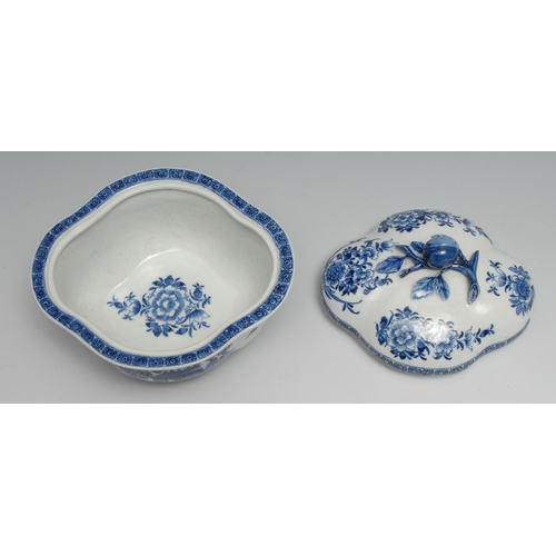 479 - A Derby quartrefoil shaped tureen and cover,  painted blue with flowers, huts and birds in flight, c... 