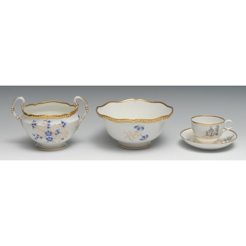 404 - A Barr Flight Barr teacup and saucer, printed in bat printed with country folk, gilt line border, im... 