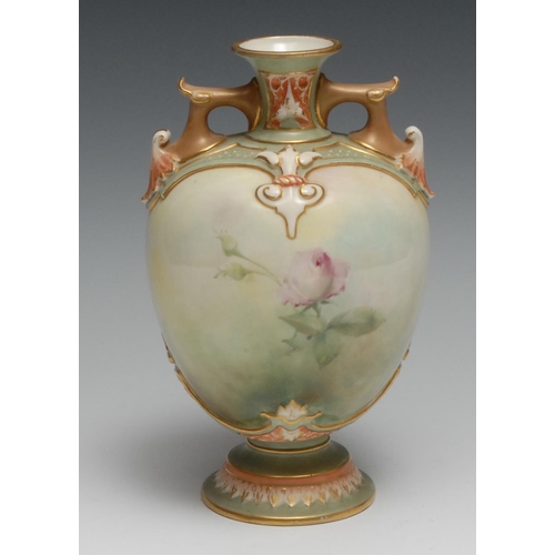 430 - A Royal Worcester two handled ovoid vase,  painted with Hadley style roses, angular handles, 20cm hi... 