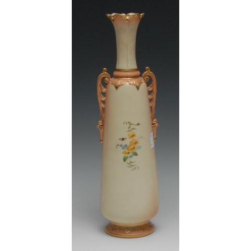 413 - A Locke & Co. Worcester slender ovoid two handled vase,  painted with a lake scene with with an isla... 