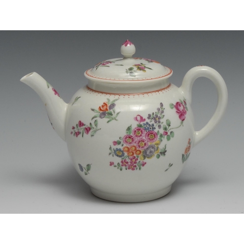 437 - A Worcester globular teapot and cover,  profusely painted with floral bouquets and sprigs in polychr... 