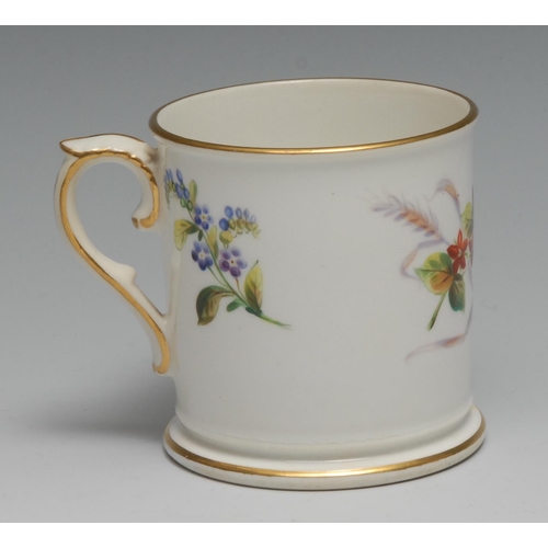 424 - A Royal Worcester mug,  painted by Hopewell, with a song bird perched on fuschia, gilt line borders,... 