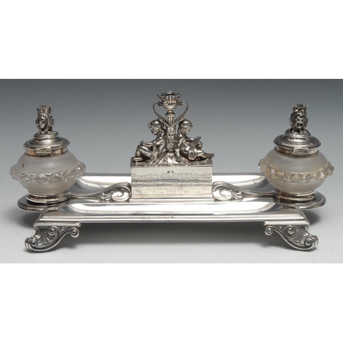 308 - The Arkwright Family - a substantial Victorian silver inkstand, the central wafer box enclosed by a ... 