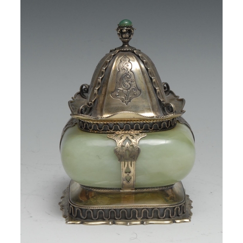 154 - A German silver mounted Chinese jade pagoda shaped box and cover, knop finial, engraved mounts, shap... 