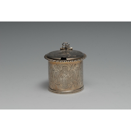 229 - A Victorian silver cylindrical mustard, engraved with flowers and scrolling leaves, gadrooned rim, s... 