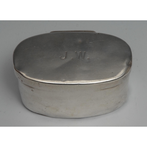 169 - A late 19th century silver coloured metal oval travelling box or caddy, hinged cover, gilt interior,... 