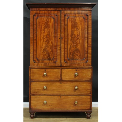 1272 - A George IV mahogany hanging press cupboard, formerly a linen press, moulded cornice above a pair of... 