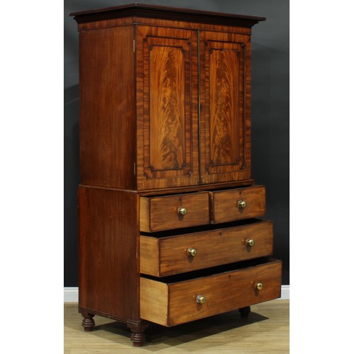 1272 - A George IV mahogany hanging press cupboard, formerly a linen press, moulded cornice above a pair of... 