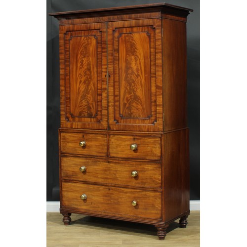 1272 - A George IV mahogany hanging press cupboard, formerly a linen press, moulded cornice above a pair of... 