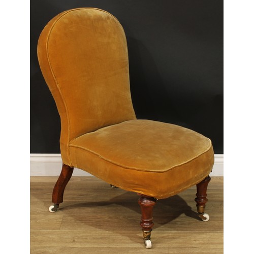 1467 - A Victorian drawing room chair, stuffed-over upholstery, turned forelegs, ceramic casters, 92.5cm hi... 