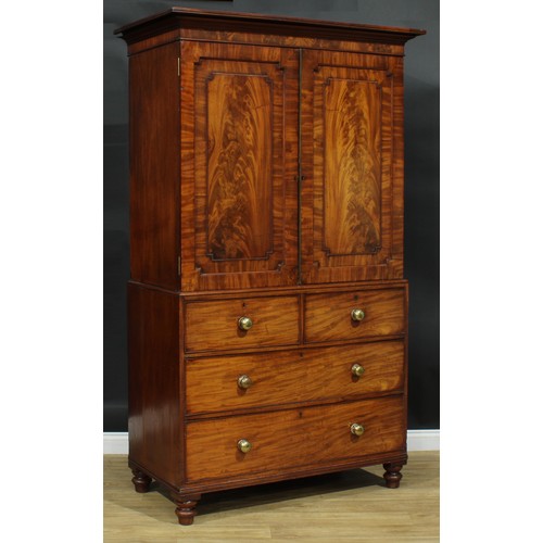 1273 - A George IV mahogany hanging press cupboard, formerly a linen press, moulded cornice above a pair of... 