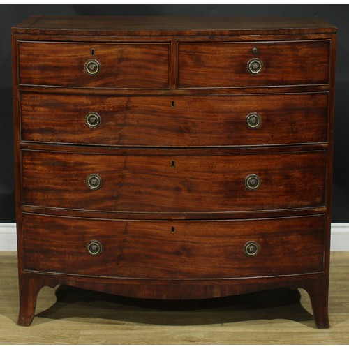 1421 - A Regency mahogany bowfront caddy-top chest, of two short and three long graduated cockbeaded drawer... 