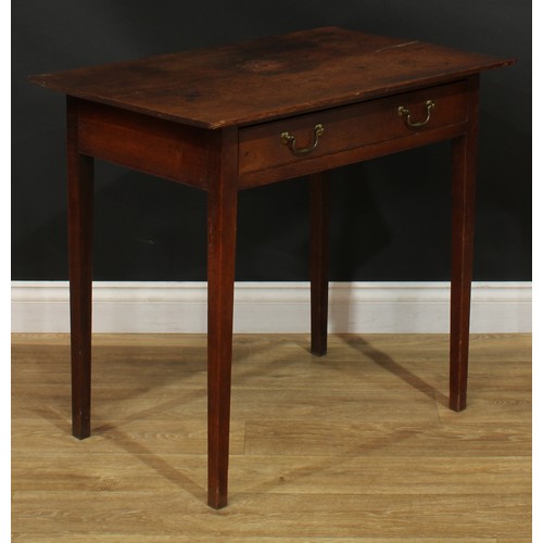 1169 - A George III oak side table, rectangular top above a long frieze drawer, brass swan neck handles, ta... 