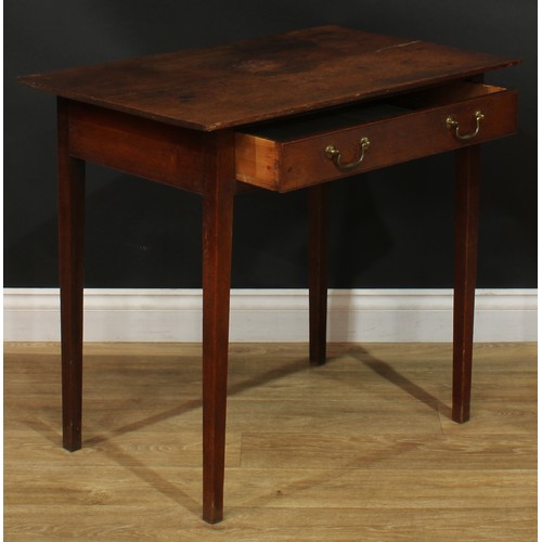 1169 - A George III oak side table, rectangular top above a long frieze drawer, brass swan neck handles, ta... 