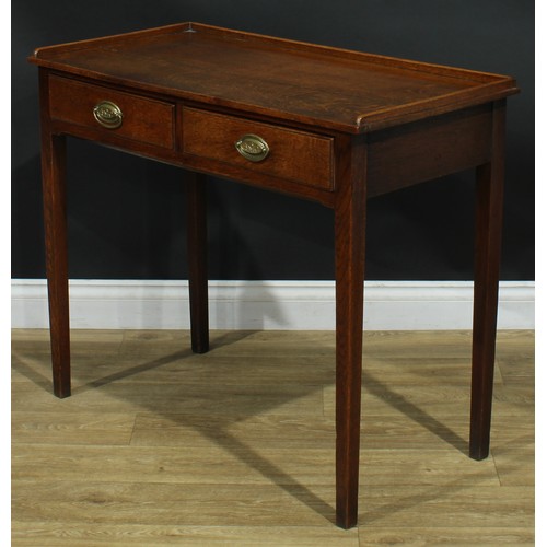 1168 - A George III oak side table, possibly Scottish, rectangular top with shallow three-quarter gallery a... 