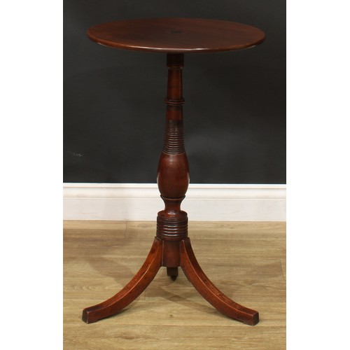 940 - A 19th century mahogany tripod wine table, circular top inlaid with a six-pointed star, ring-turned ... 