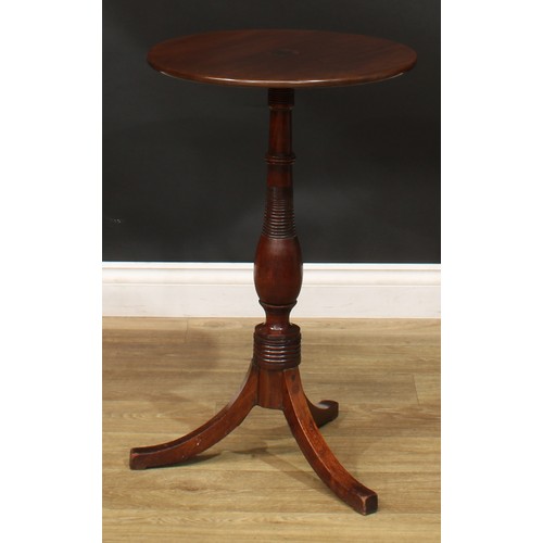 940 - A 19th century mahogany tripod wine table, circular top inlaid with a six-pointed star, ring-turned ... 