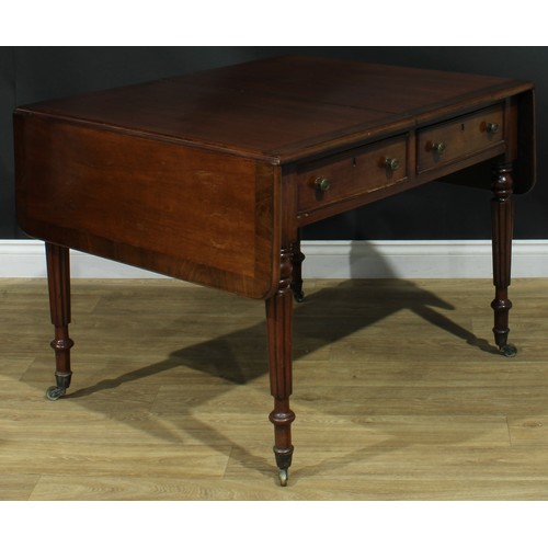 1274 - A George IV mahogany sofa table, rosewood crossbanded top with fall leaves above a pair of frieze dr... 