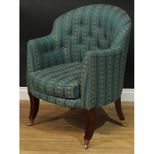 1406 - A pair of Regency style club elbow chairs, stuffed-over upholstery, squab cushions, sabre forelegs, ... 