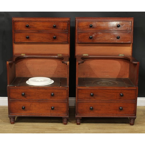 1364 - A near pair of 19th century mahogany commodes, each as a chest of four long drawers, turned feet, 75... 