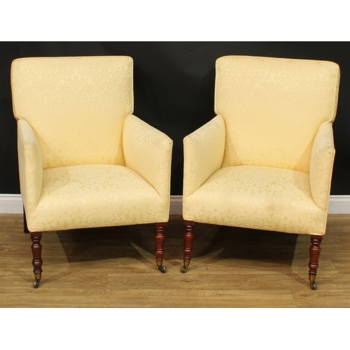 1371 - A pair of 19th century armchairs, stuffed-over upholstery, turned forelegs, brass fore casters, 99cm... 