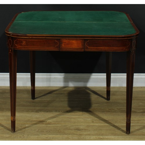 1394 - A pair of George III mahogany D-shaped card tables, each with a hinged crossbanded top enclosing a b... 