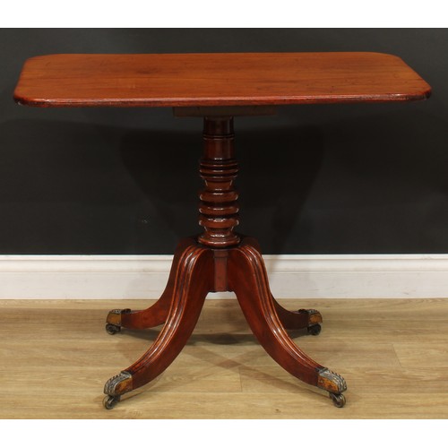 1404 - A pair of Regency mahogany occasional tables, each with a rounded rectangular top, turned column, sa... 