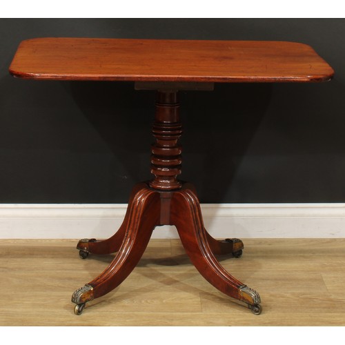 1404 - A pair of Regency mahogany occasional tables, each with a rounded rectangular top, turned column, sa... 